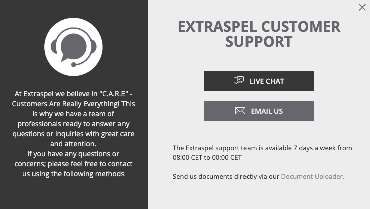 Live Chat, email and phone is available to contact Extraspel Casino  customer support team